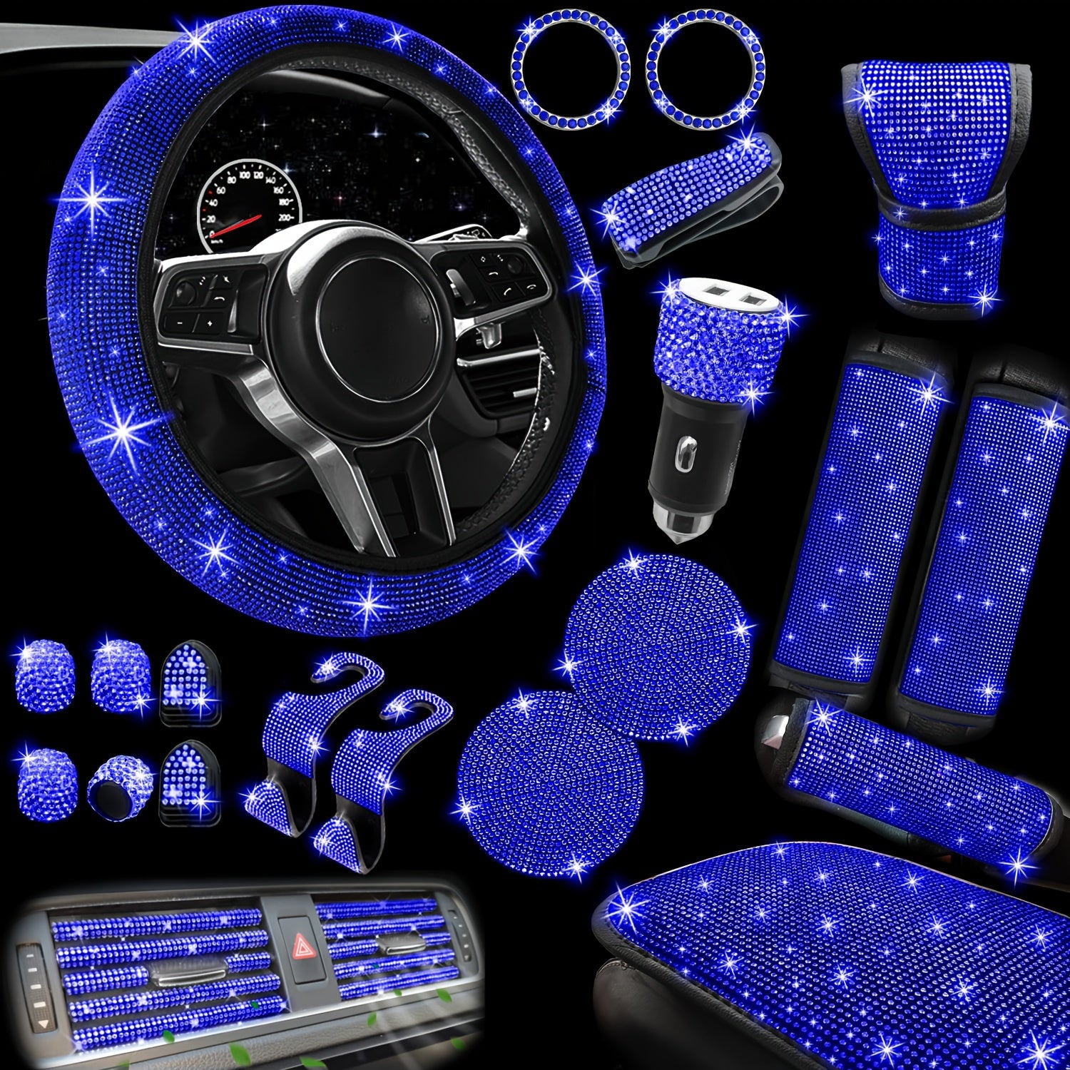 30pcs Bling Car Accessories Set for Women, Steering Wheel Covers Universal Fit 15 Inch, Seat Belt Covers, Armrest Cover, Gear Shift Covers