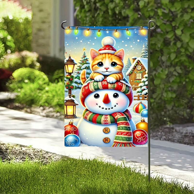 1PC Polyester Garden Flag - Cute Cat & Snowman Winter Christmas Decor - Pet Lovers Holiday Yard Display - Double-Sided Seasonal Outdoor Flag 12x18 Inch - Eco-Friendly, Durable for Home, Lawn, Farmhouse & Event Decorating - No