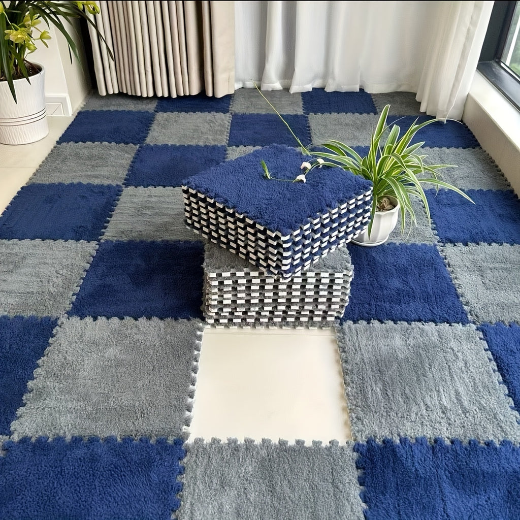 24pcs Soft Blue & Gray Plush Interlocking Floor Mats - Washable EVA & Polyester, Perfect for Living Room, Bedroom, or Game Room Decor