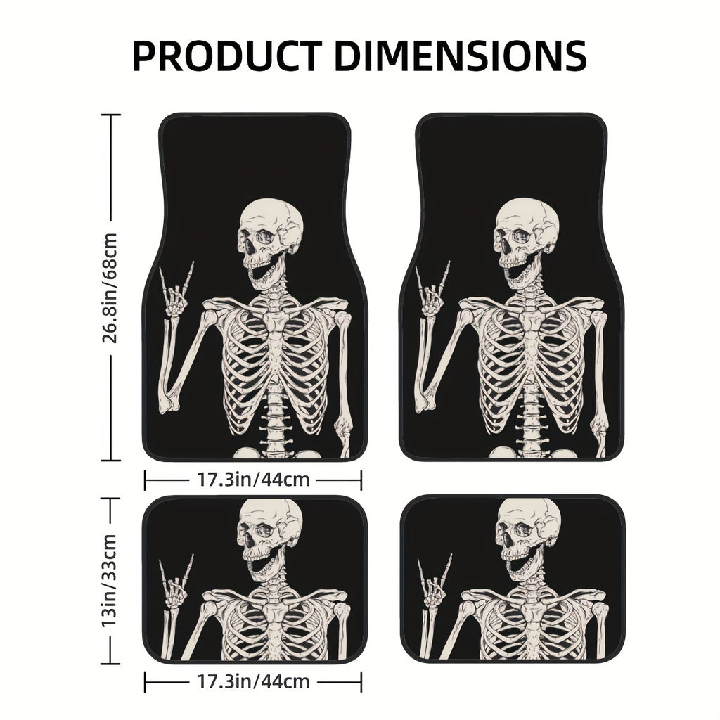 4PCS Set of Waterproof, Easy-Clean, Non-Slip Halloween Skull-Themed Rubber Car Floor Mats for Front & Rear, Universal Fit for All Vehicles