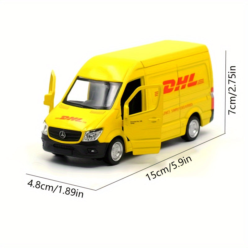 MAKEDA 1:36 Scale DHL Mercedes-Benz Delivery Vehicle Replica, Wind Powered, Weather Resistant, Pull-Back Action, Zinc Alloy Model, Suitable for Ages 3-6, Toy Collection and Gift for Boys