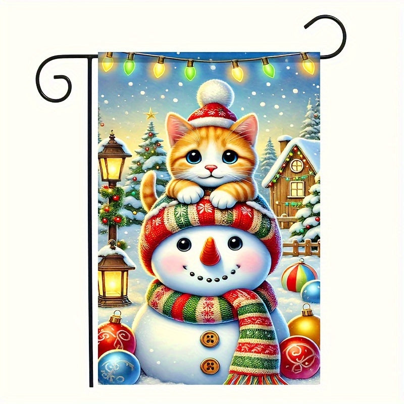 1PC Polyester Garden Flag - Cute Cat & Snowman Winter Christmas Decor - Pet Lovers Holiday Yard Display - Double-Sided Seasonal Outdoor Flag 12x18 Inch - Eco-Friendly, Durable for Home, Lawn, Farmhouse & Event Decorating - No