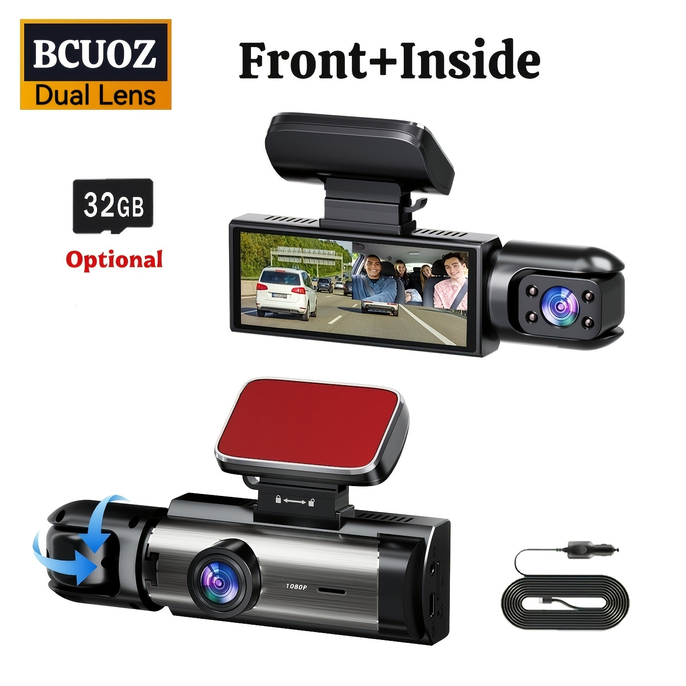 BCUOZ 1080P Car Accessories Dual Cameras Dashcam, Front 1080P And Inside 480P, Car Camera with IR Night Vision, Loop Recording, Wide Angle Car DVR Camera with 3.16 Inch IPS Screen, Dual Lens Car Dashboard Video Cam, 32GB SD C
