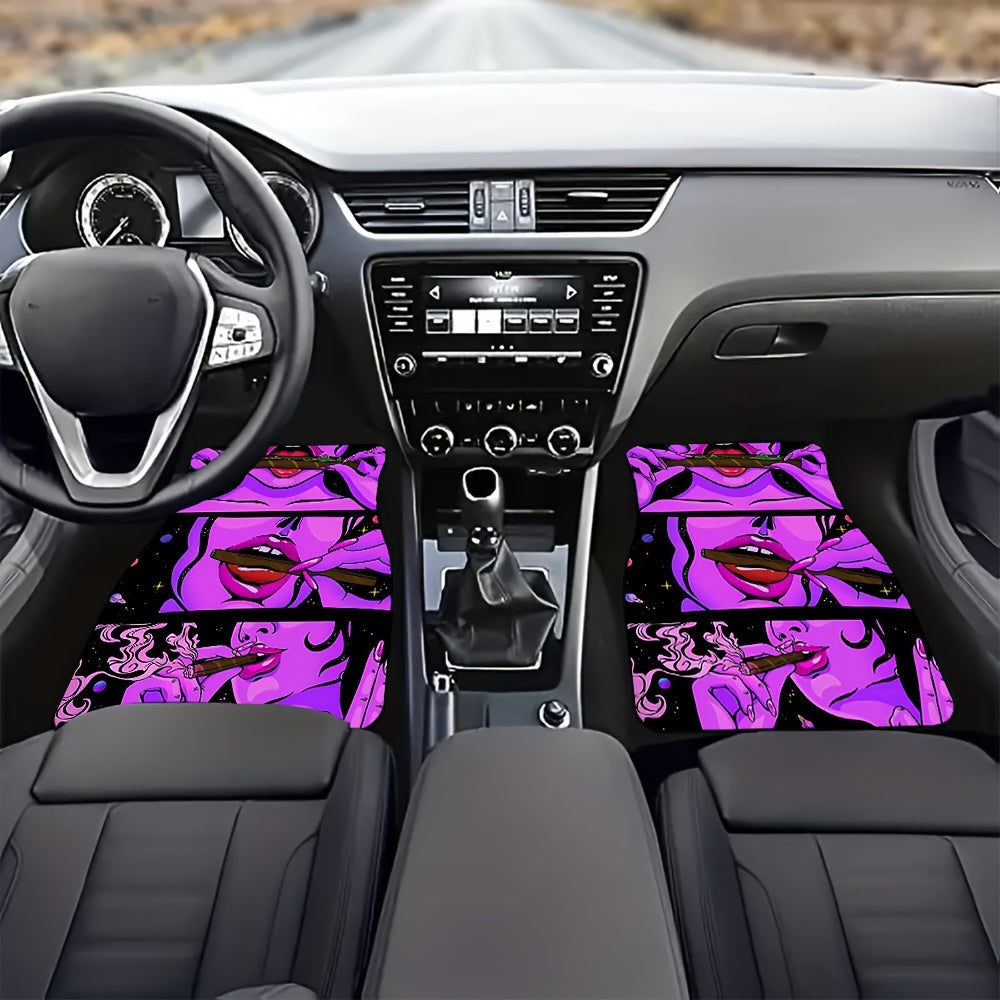 4pcs Cool Woman Pattern Flannel UV Black Light Car Floor Mats - Water-Absorbent, Non-Slip, Stain-Resistant, Reactive to UV Blacklight, Easy to Clean, and Protective Decoration for Most Car Front and Rear Seat Carpets