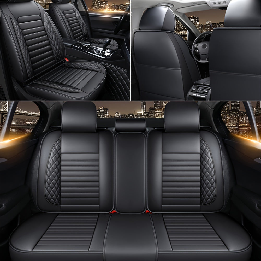 5-Seat Universal Fit Luxury Faux Leather Car Seat Cover Set - Waterproof, All-Season, Sponge Filled, PU Leather Surface, Front and Rear Cushion Protector for Sedan, Pickup, Trucks, Hatchbacks, SUVs, and Crossovers