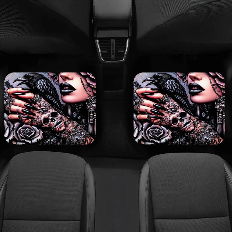 Set of Four Car Floor Mats Featuring a Skull Rose Design, Made from Crystal Velvet with Anti-Slip Properties. This Universal Set Enhances Your Vehicle'S Interior, Effectively Gathers Hair, Maintains Cleanliness, Is Easy to Cl