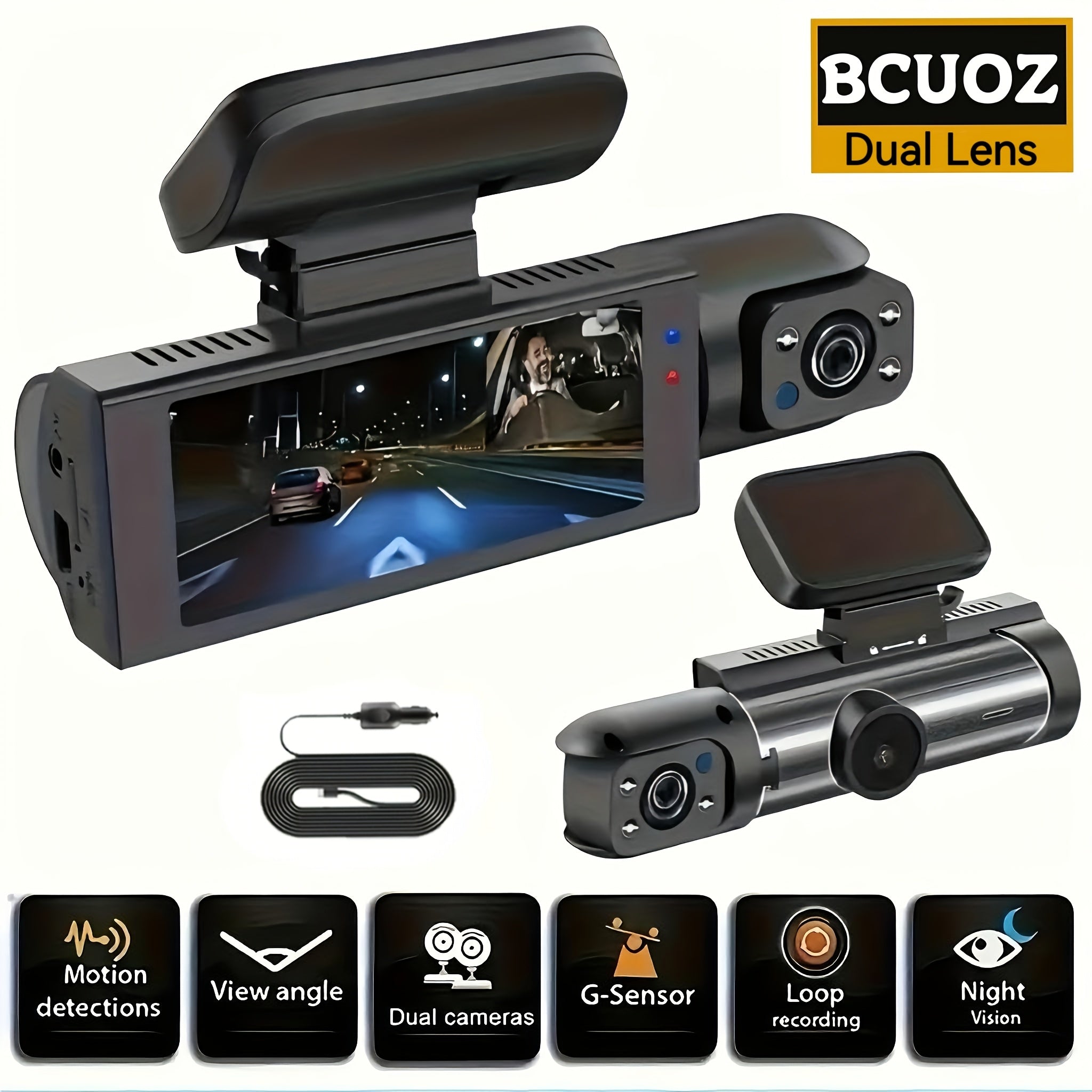 BCUOZ 1080P Car Accessories Dual Cameras Dashcam, Front 1080P And Inside 480P, Car Camera with IR Night Vision, Loop Recording, Wide Angle Car DVR Camera with 3.16 Inch IPS Screen, Dual Lens Car Dashboard Video Cam, 32GB SD C