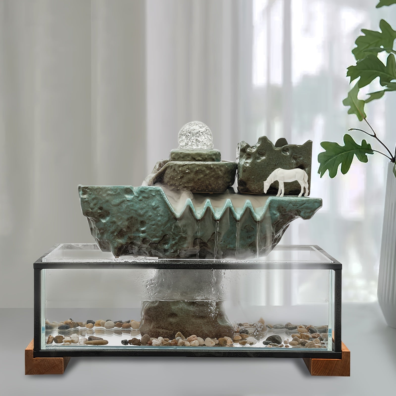 Tabletop Eco Fish Tank Water Fountains Indoor Water Fall Decor With Mist And LED Light