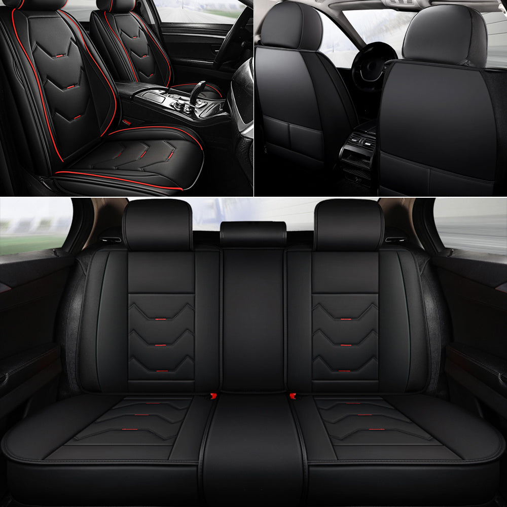 Full Set 5 Seats Car Seat Cover Faux Leather Waterproof Adjustable Rear Bench Pad Fully Wrapped Seat Cushion Protector Universal fit for Most Car Sedan Truck Suv