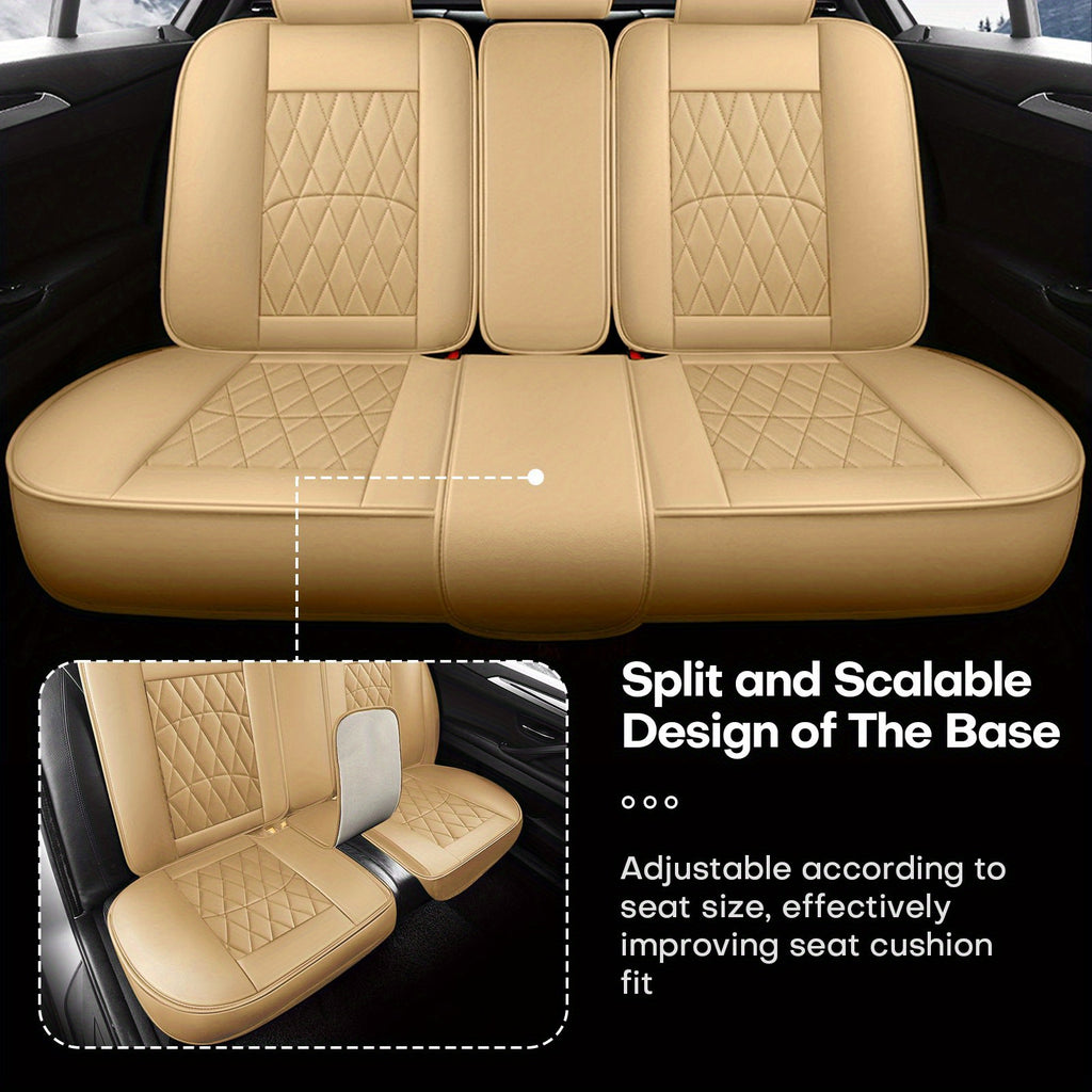 5-Seat Beige Luxury PU Leather Car Seat Cover Set - Waterproof, Adjustable Fit, 360° Protection - Universal for Sedans, Trucks, SUVs