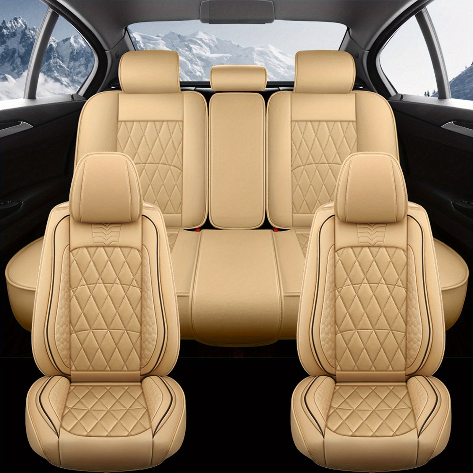 5-Seat Beige Luxury PU Leather Car Seat Cover Set - Waterproof, Adjustable Fit, 360° Protection - Universal for Sedans, Trucks, SUVs