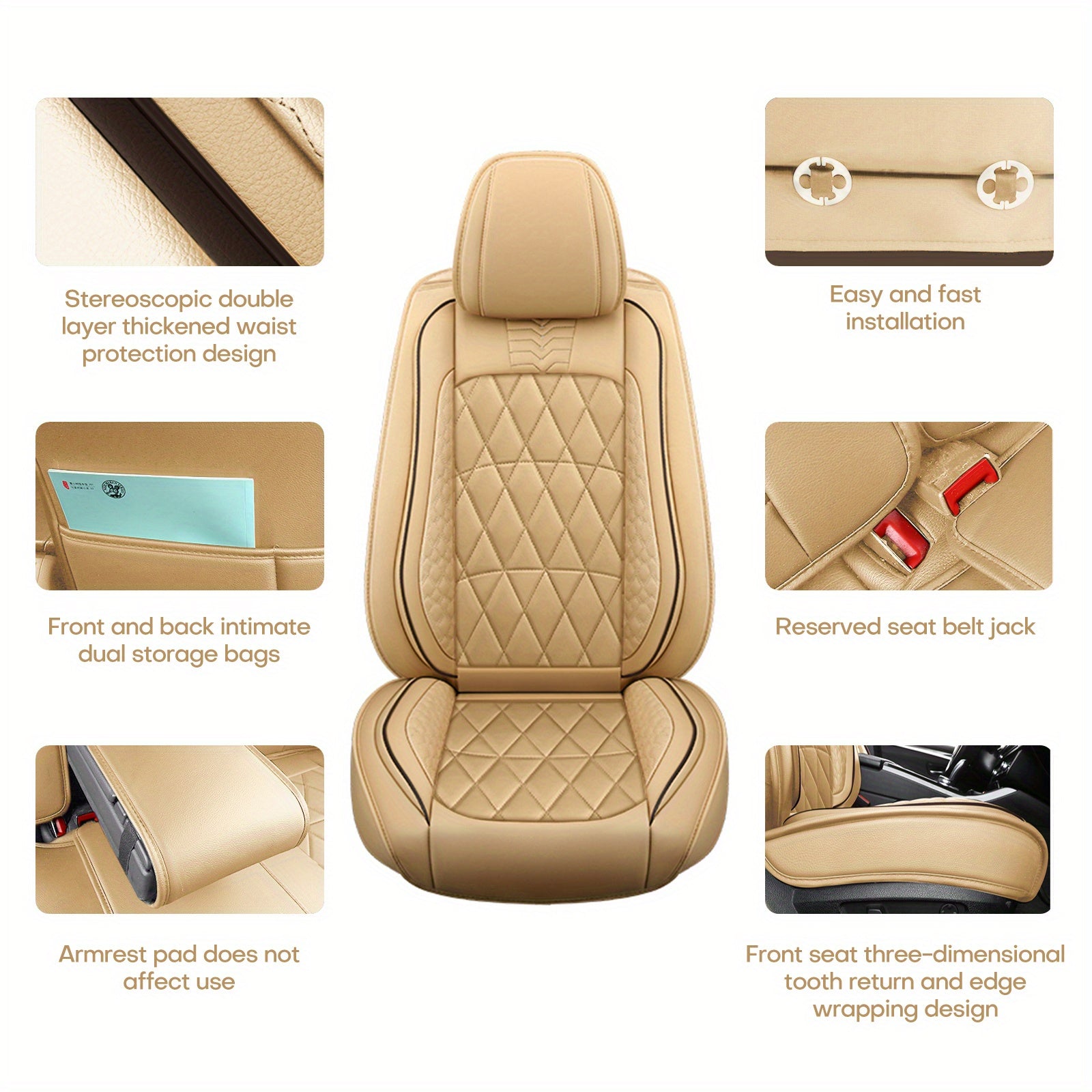 5-Seat Beige Luxury PU Leather Car Seat Cover Set - Waterproof, Adjustable Fit, 360° Protection - Universal for Sedans, Trucks, SUVs