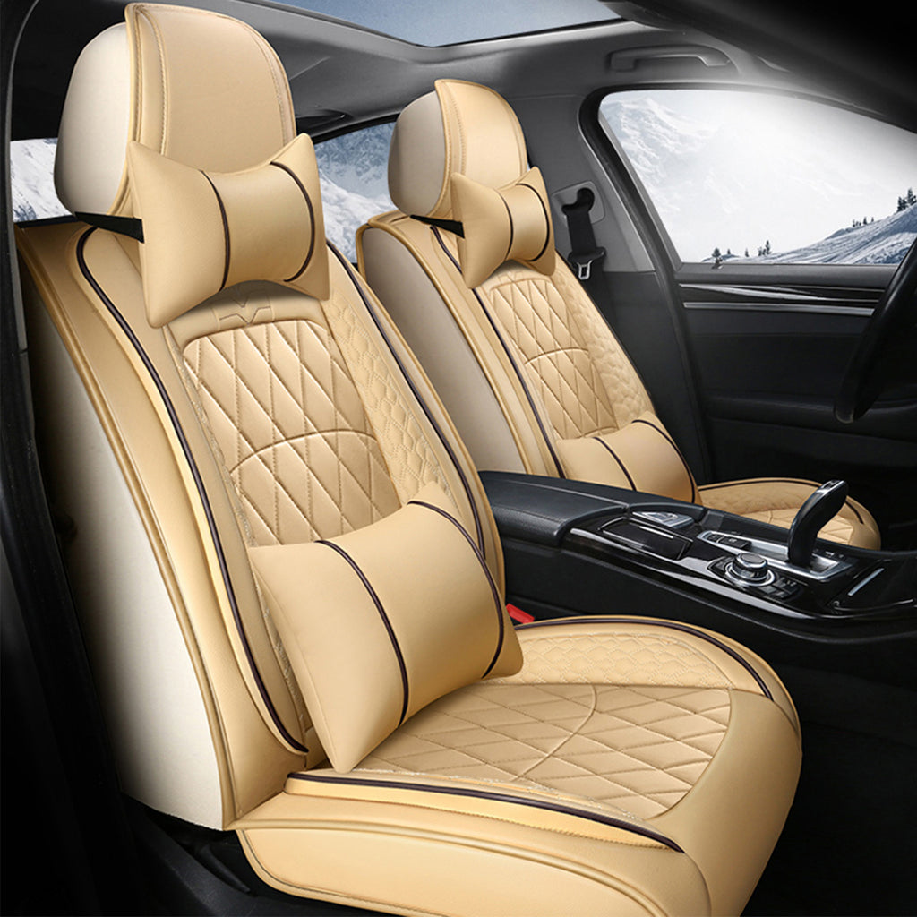 5-Seat Beige Luxury PU Leather Car Seat Cover Set - Waterproof, Adjustable Fit, 360° Protection - Universal for Sedans, Trucks, SUVs
