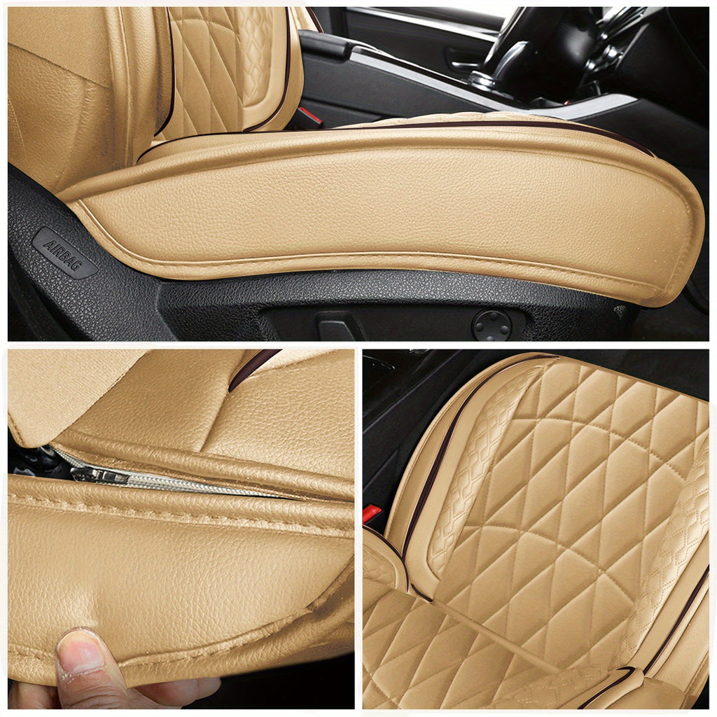 5-Seat Beige Luxury PU Leather Car Seat Cover Set - Waterproof, Adjustable Fit, 360° Protection - Universal for Sedans, Trucks, SUVs