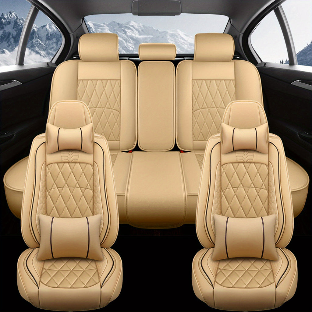 5-Seat Beige Luxury PU Leather Car Seat Cover Set - Waterproof, Adjustable Fit, 360° Protection - Universal for Sedans, Trucks, SUVs