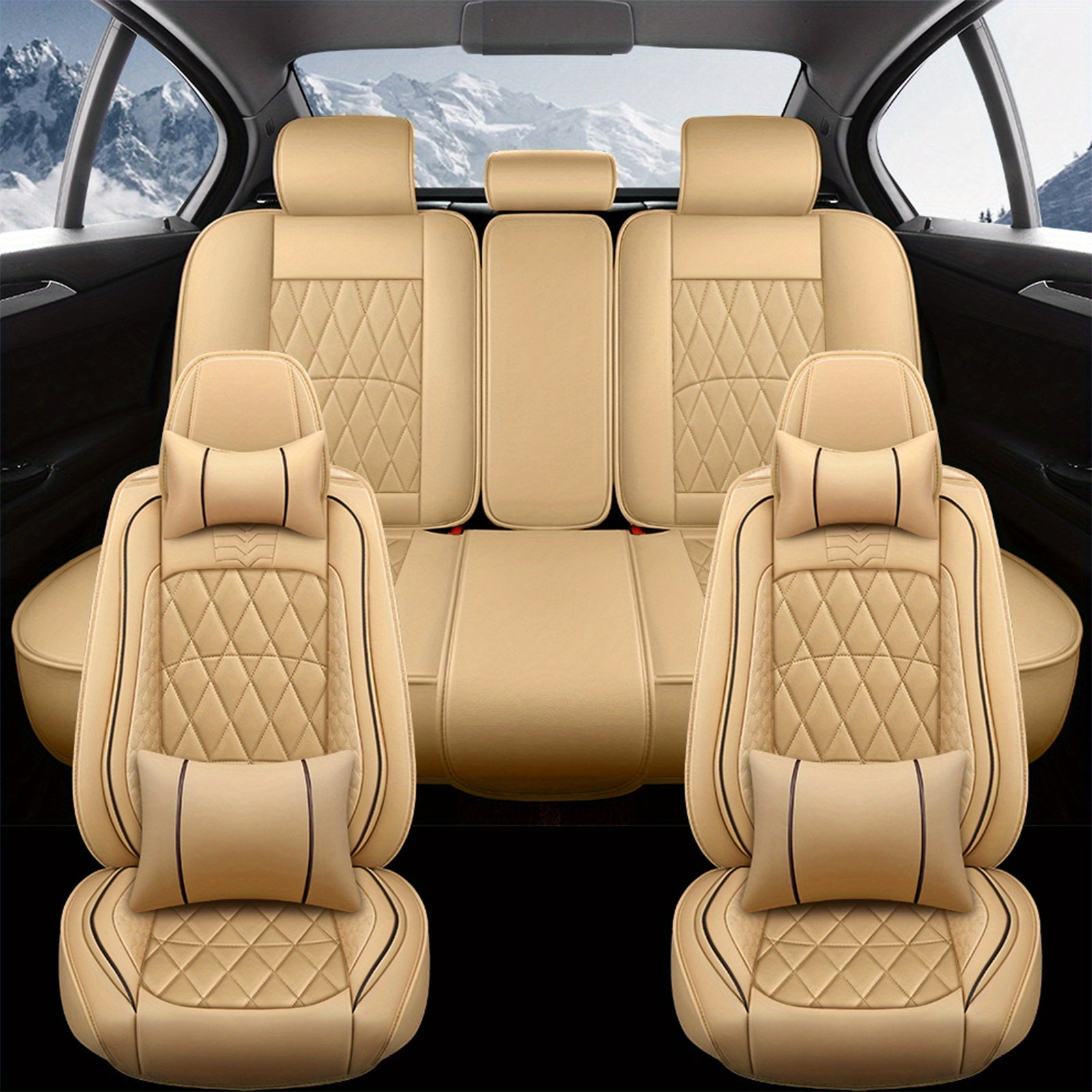 5-Seat Beige Luxury PU Leather Car Seat Cover Set - Waterproof, Adjustable Fit, 360° Protection - Universal for Sedans, Trucks, SUVs