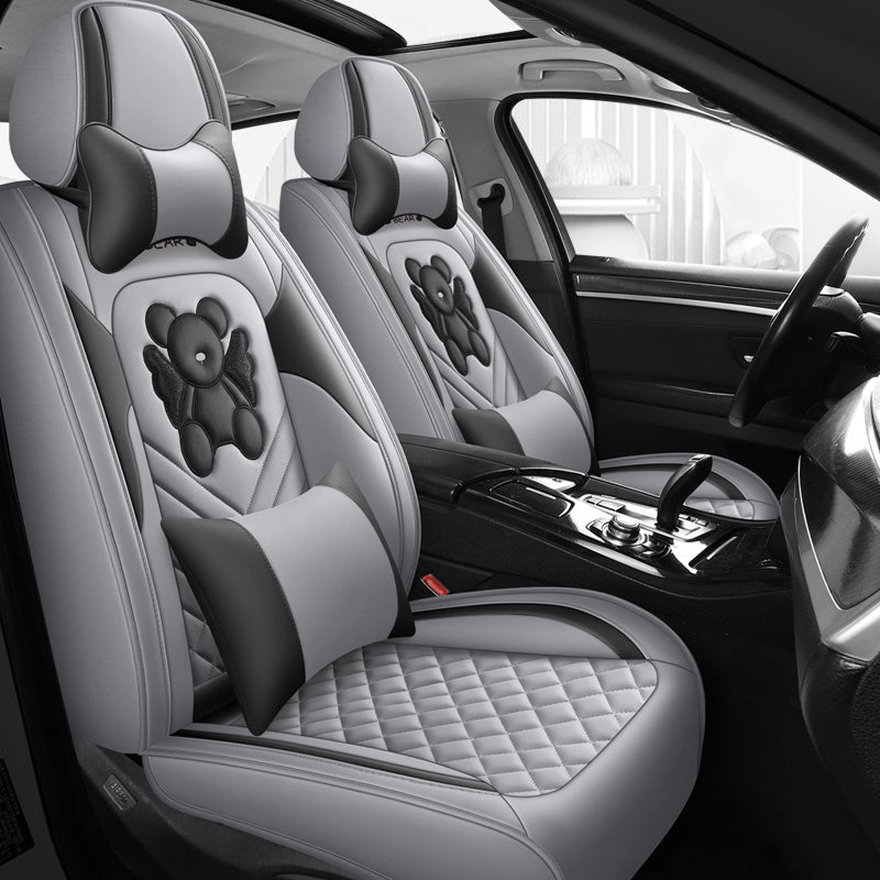 Universal Fit PU Leather Car Seat Covers Set, Cartoon Design, Full Wrap, Non-Washable for Vehicle, All-Season, No Filler - 5 Seats Deluxe Edition