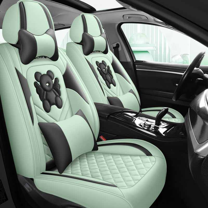 Universal Fit PU Leather Car Seat Covers Set, Cartoon Design, Full Wrap, Non-Washable for Vehicle, All-Season, No Filler - 5 Seats Deluxe Edition