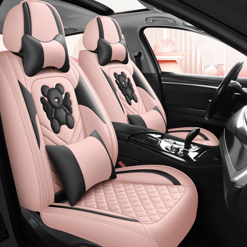Universal Fit PU Leather Car Seat Covers Set, Cartoon Design, Full Wrap, Non-Washable for Vehicle, All-Season, No Filler - 5 Seats Deluxe Edition