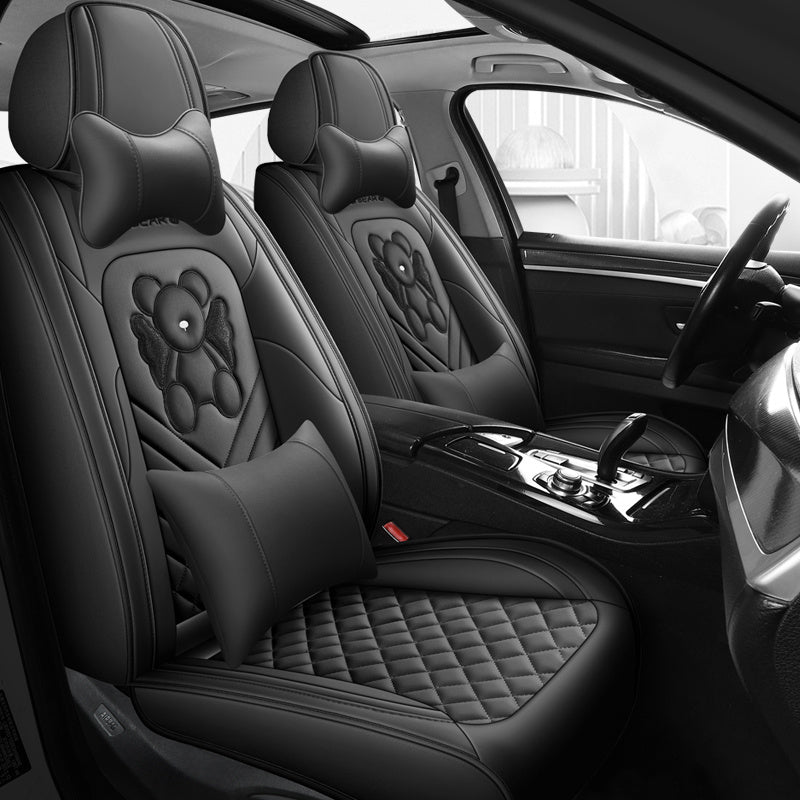 Universal Fit PU Leather Car Seat Covers Set, Cartoon Design, Full Wrap, Non-Washable for Vehicle, All-Season, No Filler - 5 Seats Deluxe Edition