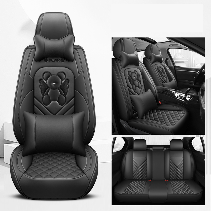 Universal Fit PU Leather Car Seat Covers Set, Cartoon Design, Full Wrap, Non-Washable for Vehicle, All-Season, No Filler - 5 Seats Deluxe Edition
