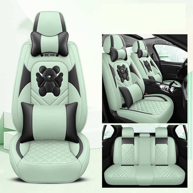 Universal Fit PU Leather Car Seat Covers Set, Cartoon Design, Full Wrap, Non-Washable for Vehicle, All-Season, No Filler - 5 Seats Deluxe Edition