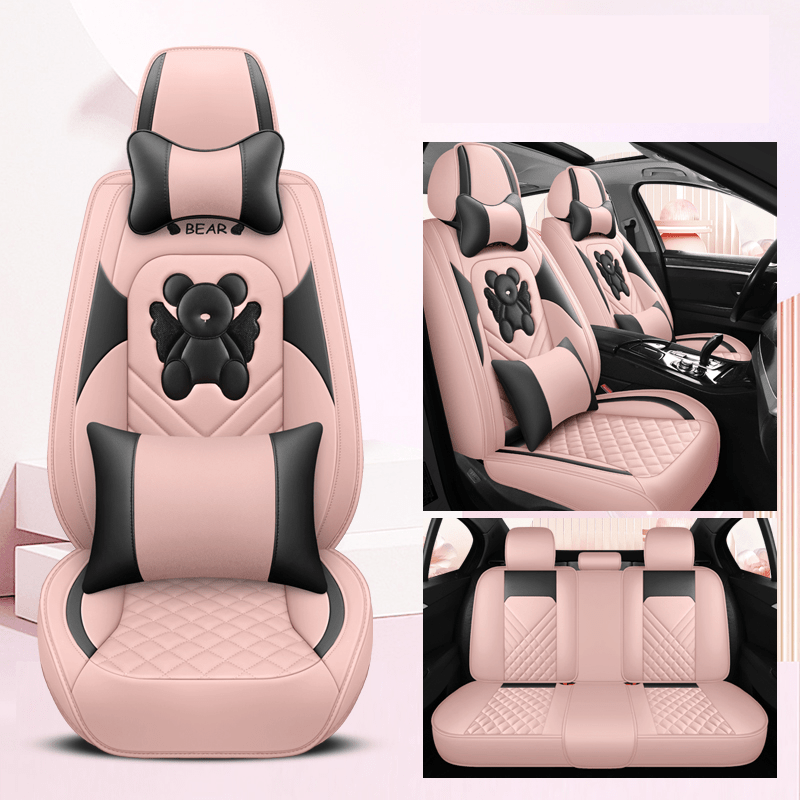 Universal Fit PU Leather Car Seat Covers Set, Cartoon Design, Full Wrap, Non-Washable for Vehicle, All-Season, No Filler - 5 Seats Deluxe Edition