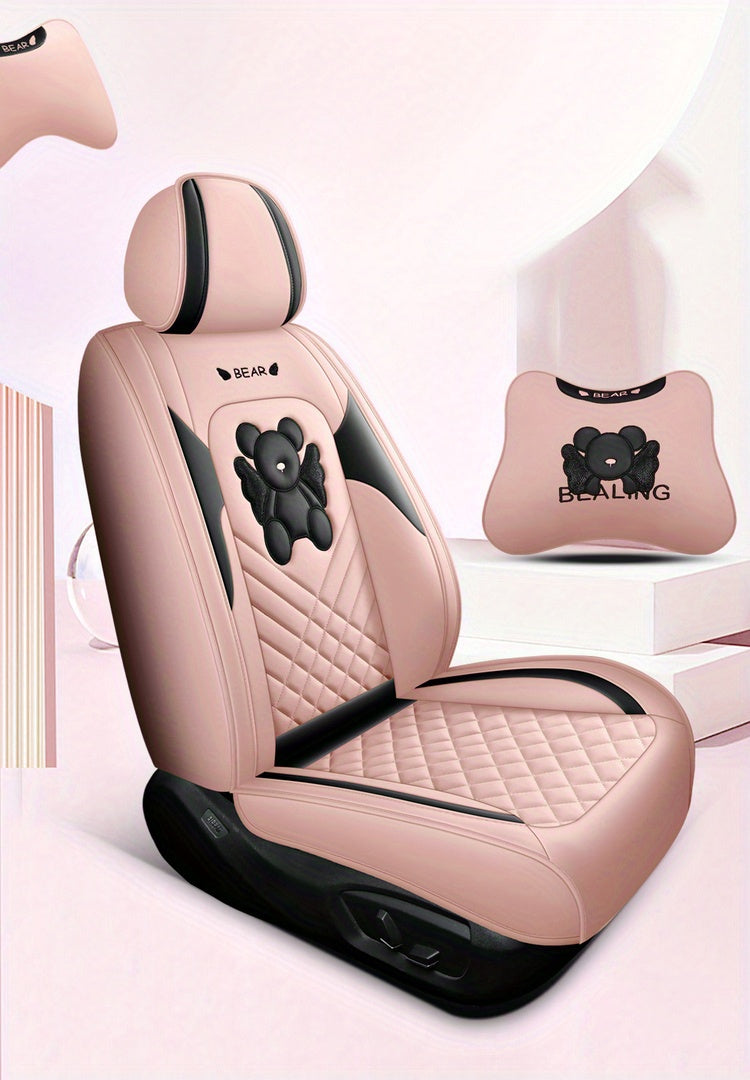 Universal Fit PU Leather Car Seat Covers Set, Cartoon Design, Full Wrap, Non-Washable for Vehicle, All-Season, No Filler - 5 Seats Deluxe Edition