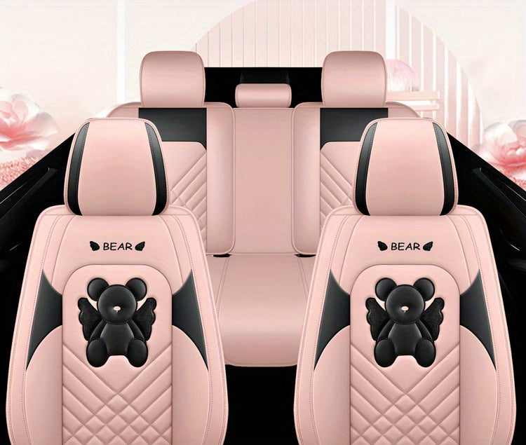 Universal Fit PU Leather Car Seat Covers Set, Cartoon Design, Full Wrap, Non-Washable for Vehicle, All-Season, No Filler - 5 Seats Deluxe Edition