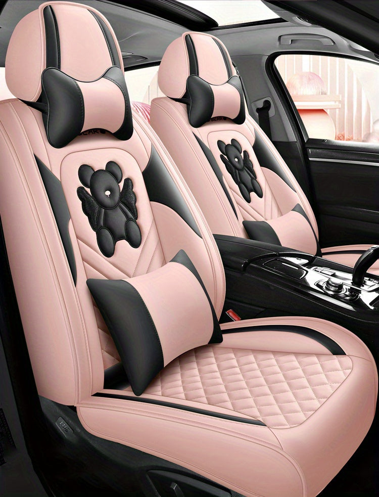 Universal Fit PU Leather Car Seat Covers Set, Cartoon Design, Full Wrap, Non-Washable for Vehicle, All-Season, No Filler - 5 Seats Deluxe Edition