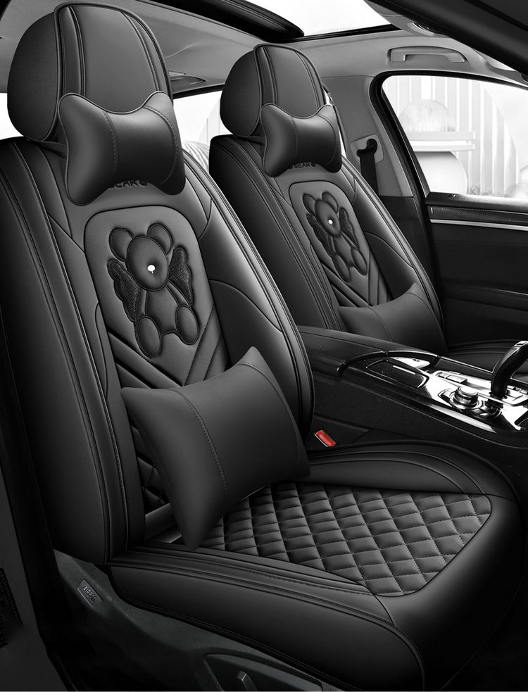 Universal Fit PU Leather Car Seat Covers Set, Cartoon Design, Full Wrap, Non-Washable for Vehicle, All-Season, No Filler - 5 Seats Deluxe Edition