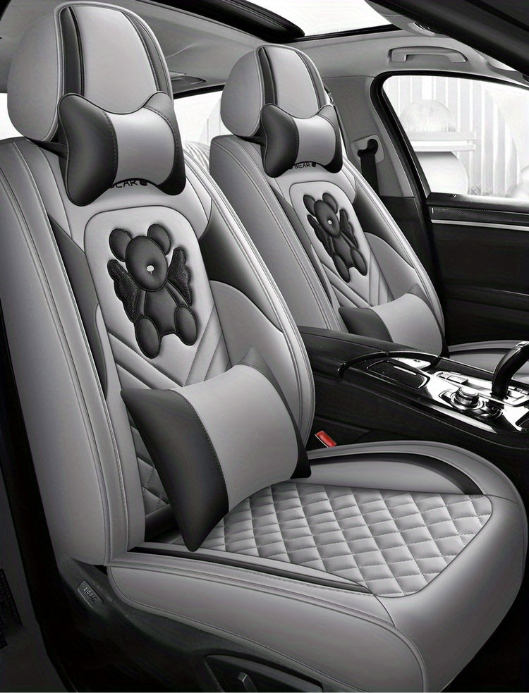 Universal Fit PU Leather Car Seat Covers Set, Cartoon Design, Full Wrap, Non-Washable for Vehicle, All-Season, No Filler - 5 Seats Deluxe Edition