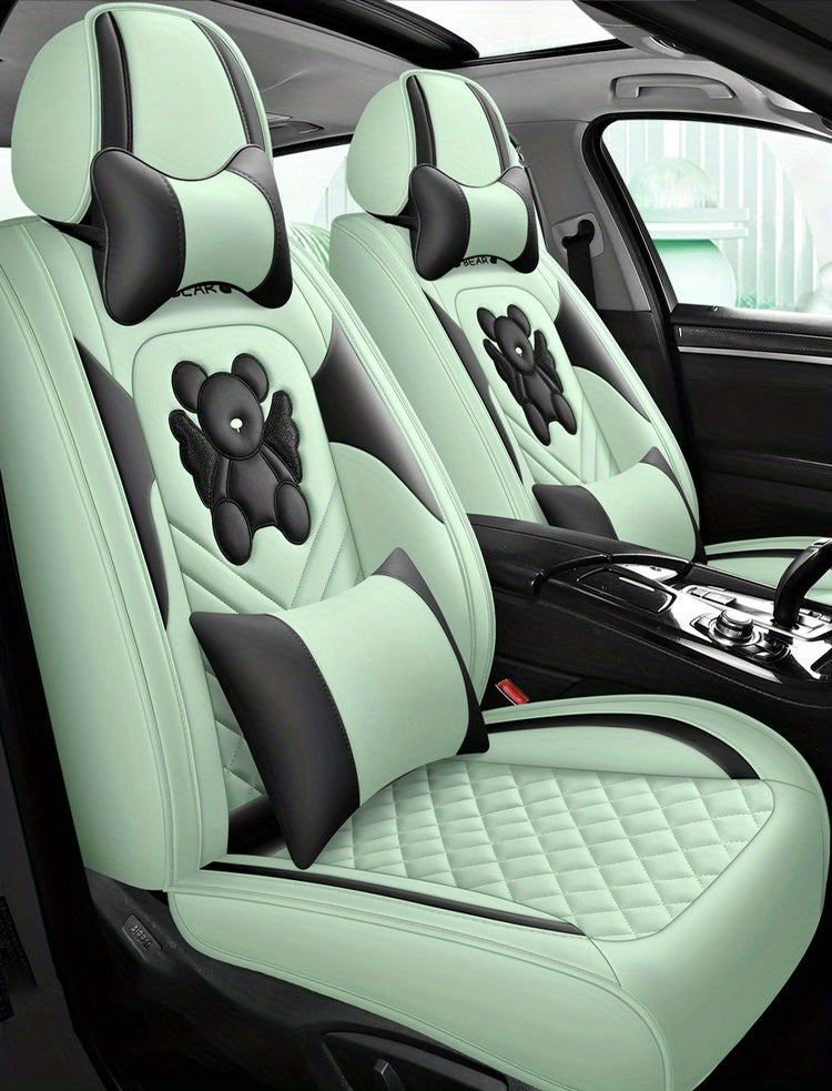 Universal Fit PU Leather Car Seat Covers Set, Cartoon Design, Full Wrap, Non-Washable for Vehicle, All-Season, No Filler - 5 Seats Deluxe Edition
