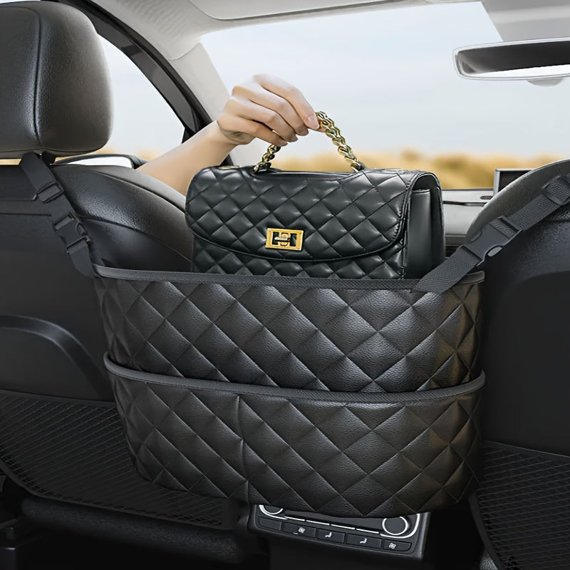 Large Capacity Car Seat Back Organizer - Durable Faux Leather Storage Net Bag for Vehicle Interior Accessories