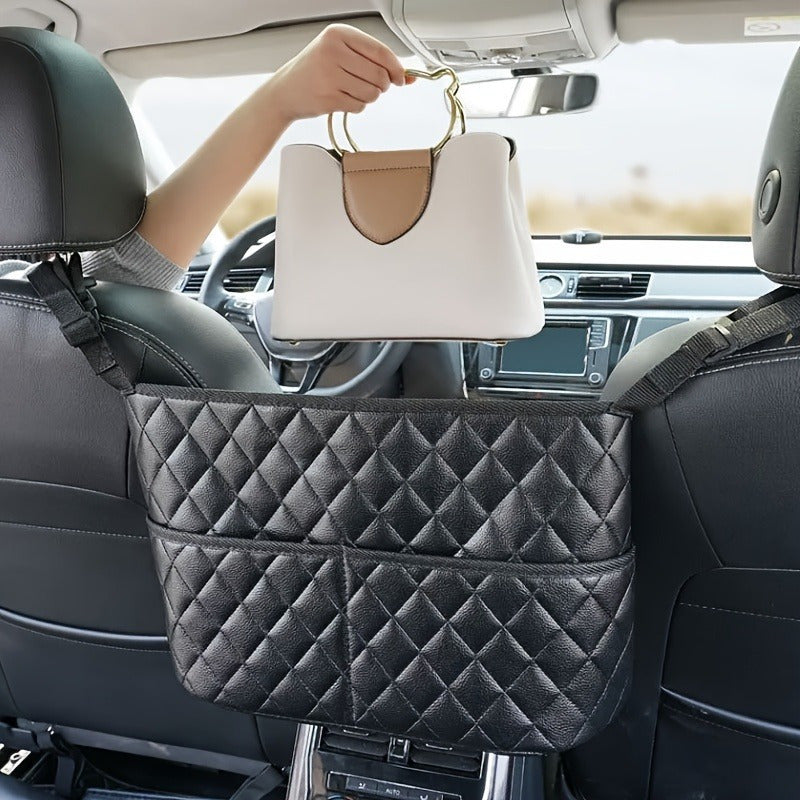 Large Capacity Car Seat Back Organizer - Durable Faux Leather Storage Net Bag for Vehicle Interior Accessories