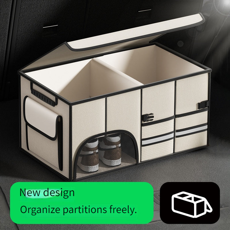 Foldable Car Trunk Organizer with Lid, Large Capacity Multi-Compartment Storage Box for SUV, Fabric Material with Mesh Pockets for Vehicle Cargo Organization