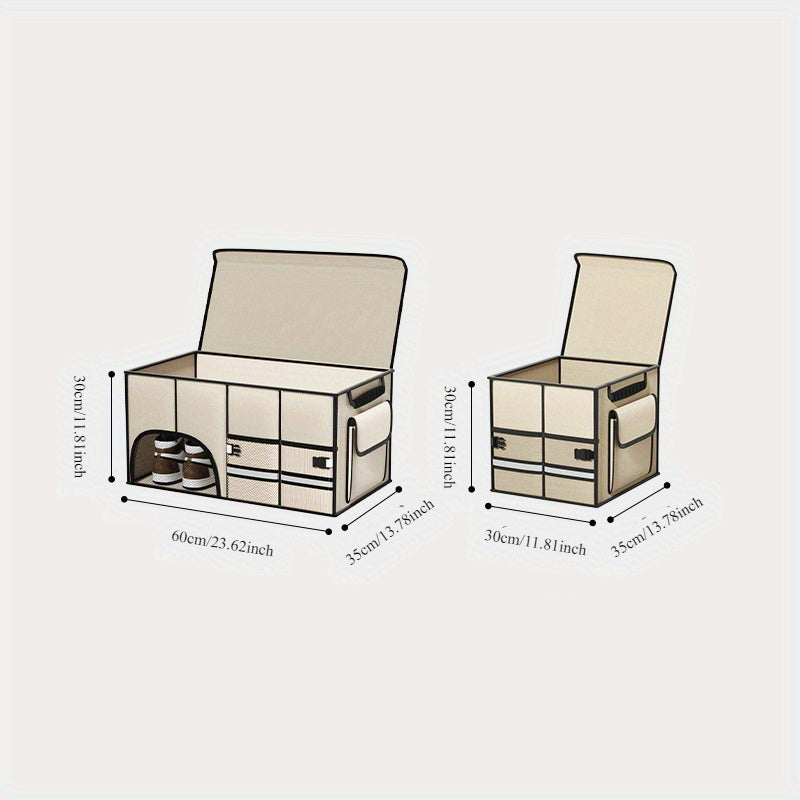 Foldable Car Trunk Organizer with Lid, Large Capacity Multi-Compartment Storage Box for SUV, Fabric Material with Mesh Pockets for Vehicle Cargo Organization