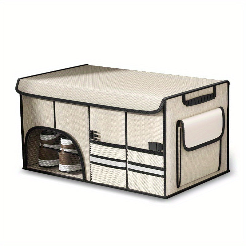 Foldable Car Trunk Organizer with Lid, Large Capacity Multi-Compartment Storage Box for SUV, Fabric Material with Mesh Pockets for Vehicle Cargo Organization