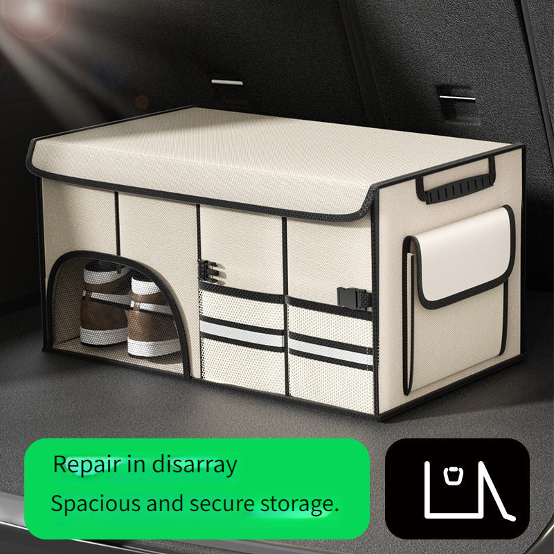 Foldable Car Trunk Organizer with Lid, Large Capacity Multi-Compartment Storage Box for SUV, Fabric Material with Mesh Pockets for Vehicle Cargo Organization