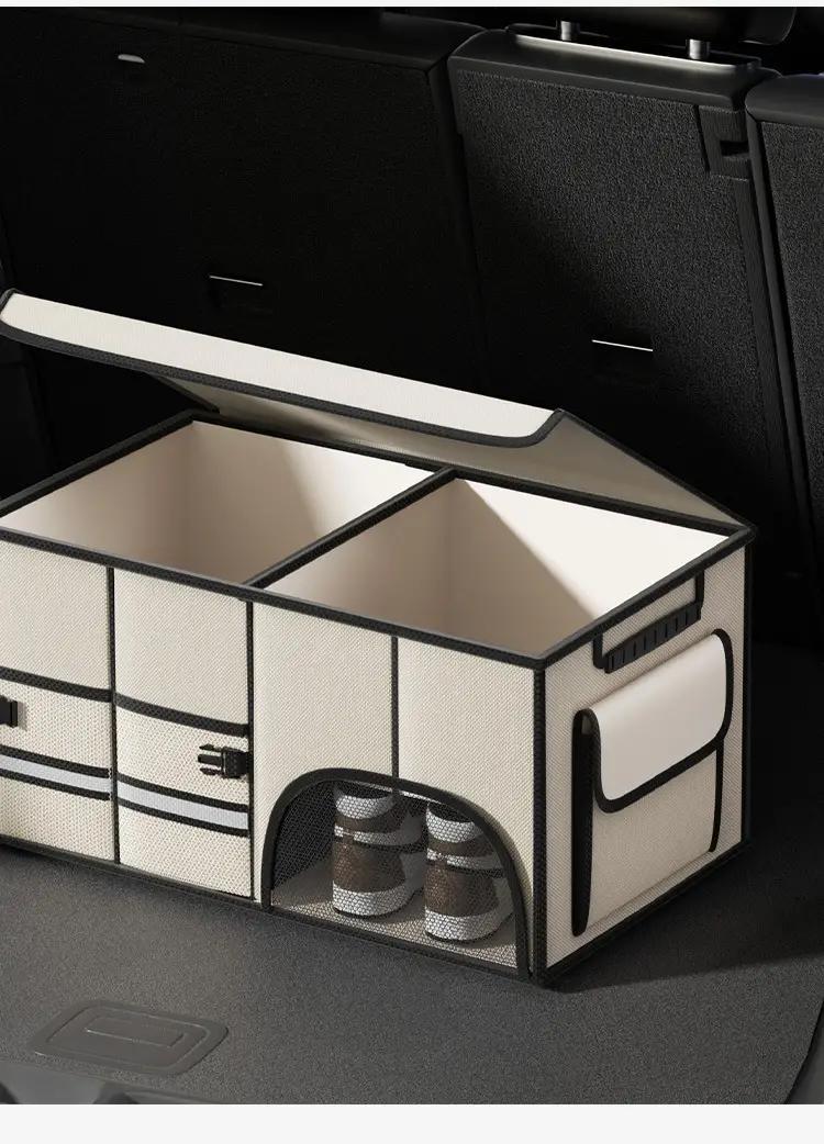 Foldable Car Trunk Organizer with Lid, Large Capacity Multi-Compartment Storage Box for SUV, Fabric Material with Mesh Pockets for Vehicle Cargo Organization