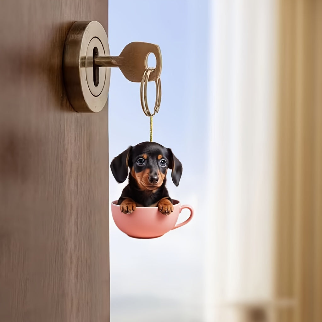 Dachshund in Tea Cup Acrylic Car Mirror Charm - Versatile Hanging Ornament for Vehicle & Backpack Decor Dachshund Car Accessories Acrylic Bulldog Car Ornament