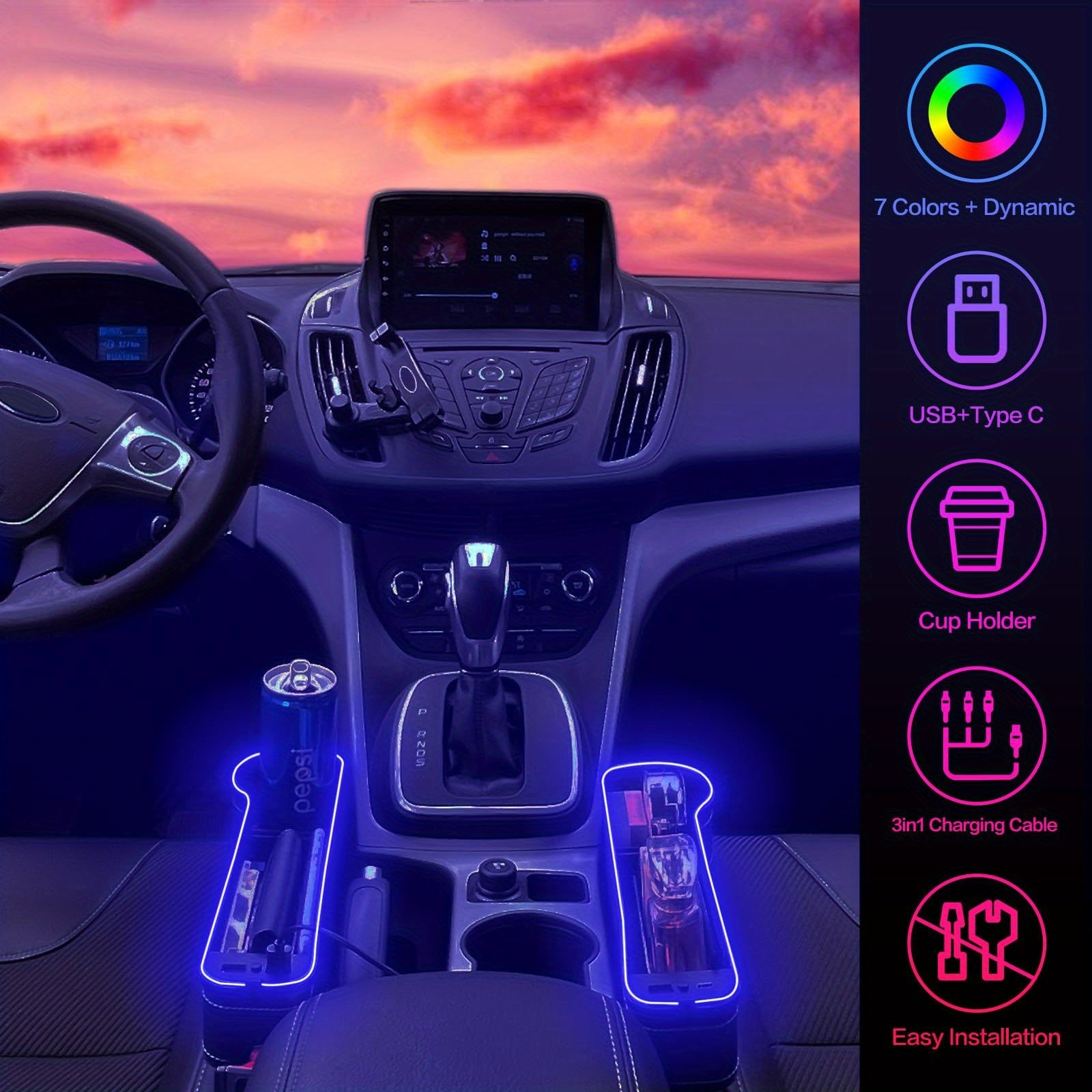 2pcs LED Car Seat Gap Filler with Cup Holder - USB Charging Console Side Storage Organizer & Atmosphere Light for Vehicle Interior Accessories