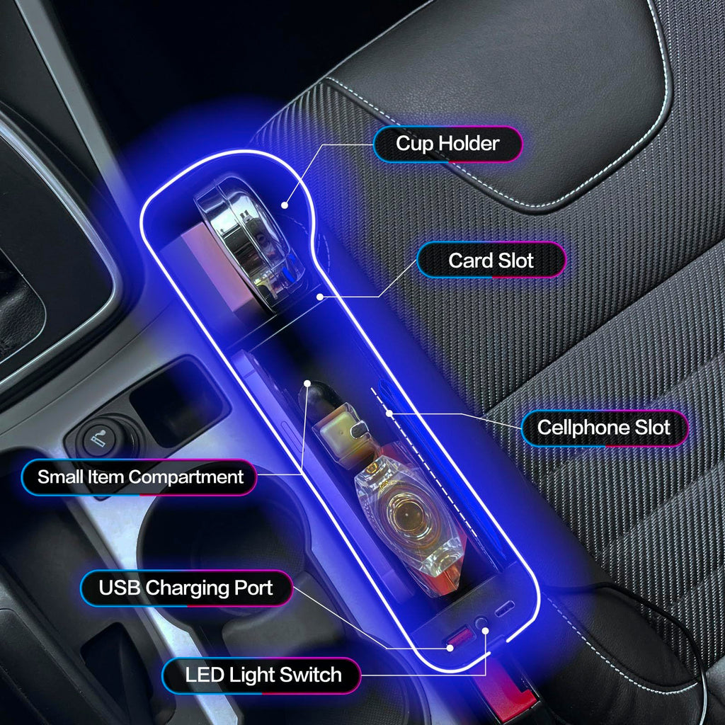 2pcs LED Car Seat Gap Filler with Cup Holder - USB Charging Console Side Storage Organizer & Atmosphere Light for Vehicle Interior Accessories