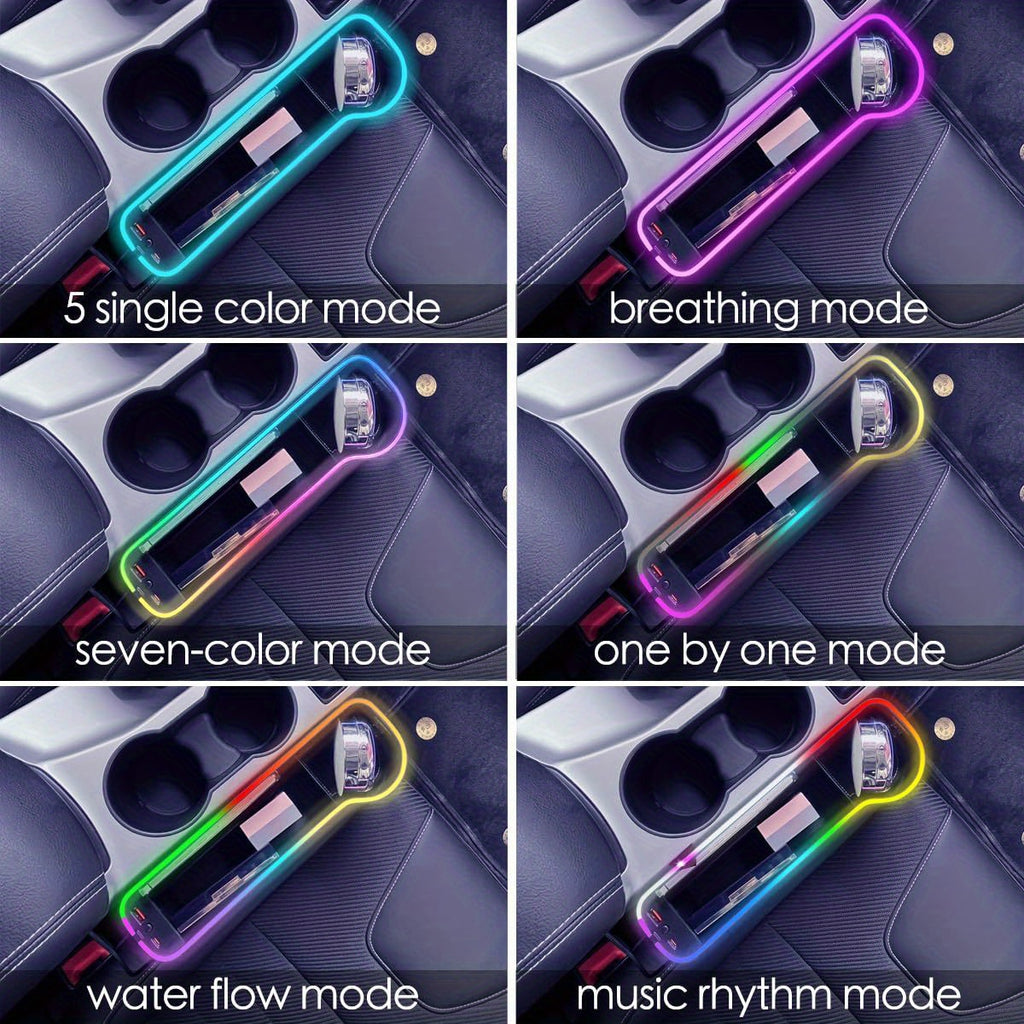 2pcs LED Car Seat Gap Filler with Cup Holder - USB Charging Console Side Storage Organizer & Atmosphere Light for Vehicle Interior Accessories