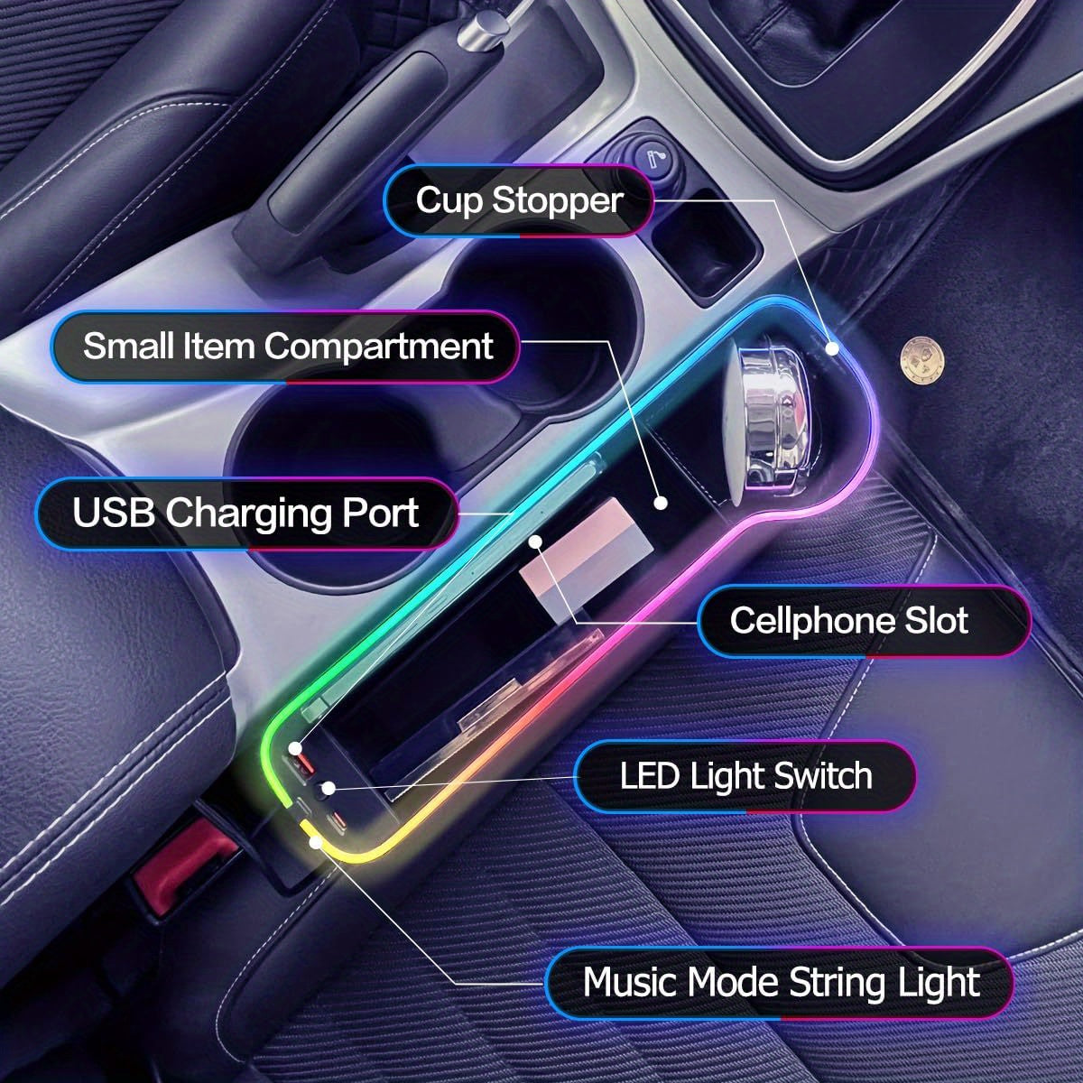 2pcs LED Car Seat Gap Filler with Cup Holder - USB Charging Console Side Storage Organizer & Atmosphere Light for Vehicle Interior Accessories