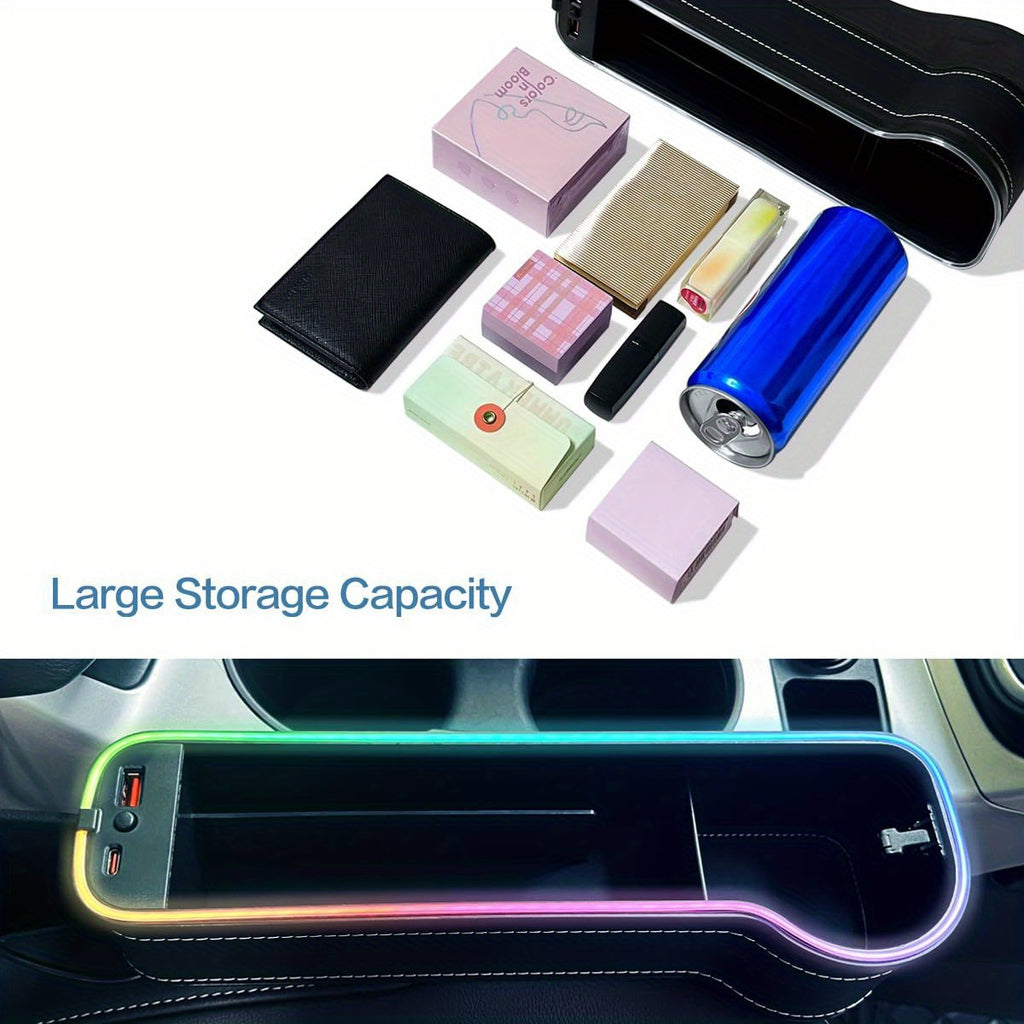2pcs LED Car Seat Gap Filler with Cup Holder - USB Charging Console Side Storage Organizer & Atmosphere Light for Vehicle Interior Accessories