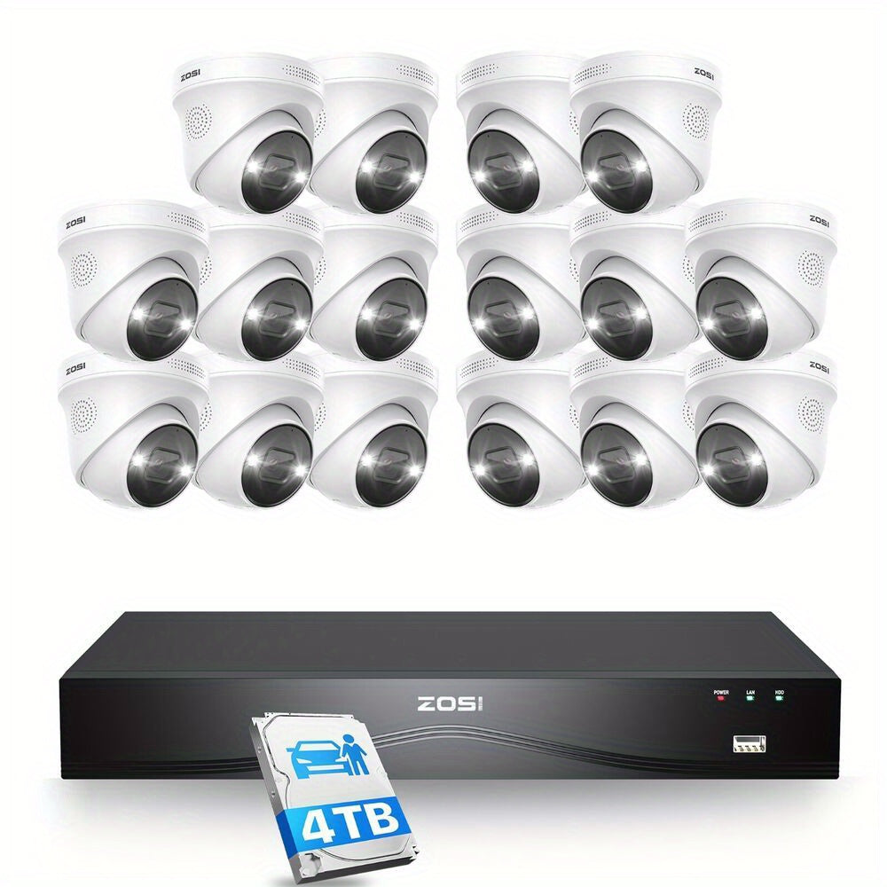ZOSI 4K 16CH Spotlight PoE Security Camera System 4K Full Color Night Vision, 4K NVR with 4TB HDD, AI Human Vehicle Detection, 16pcs Outdoor 8MP PoE IP Audio Surveillance Cameras