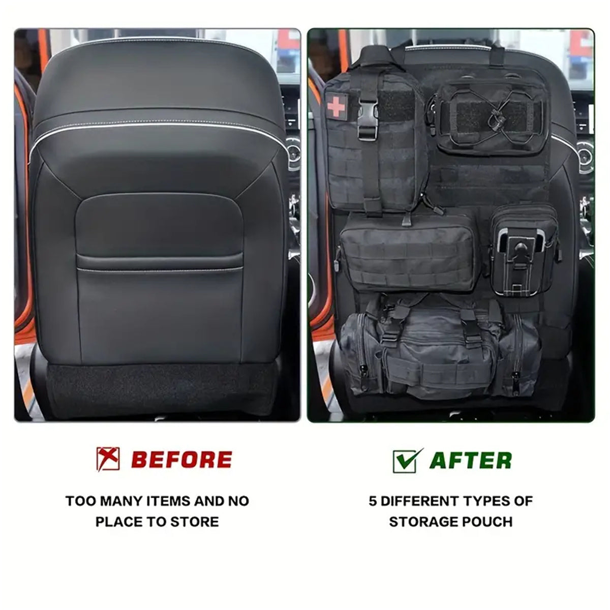 Universal Tactical Seat Back Organizer, Car Seat Back Bag, Vehicle Panel Protector Organizer with 5 Different Size Detachable Molle Pouch, Fits for Jeep, Truck, SUV, Etc Accessories Car Accessories for Women Car Accessories I