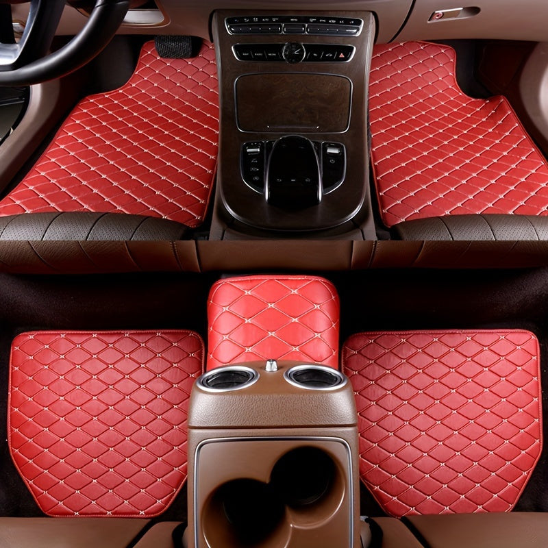 Universal 5pcs set of fashionable PU Leather car floor mats - checkered pattern, easy to install, enhanced interior protection,  Sleek Design, Highquality Material, Auto Detailing, Vehicle Enthusiasts