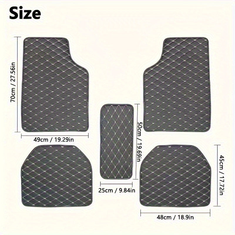 Universal 5pcs set of fashionable PU Leather car floor mats - checkered pattern, easy to install, enhanced interior protection,  Sleek Design, Highquality Material, Auto Detailing, Vehicle Enthusiasts